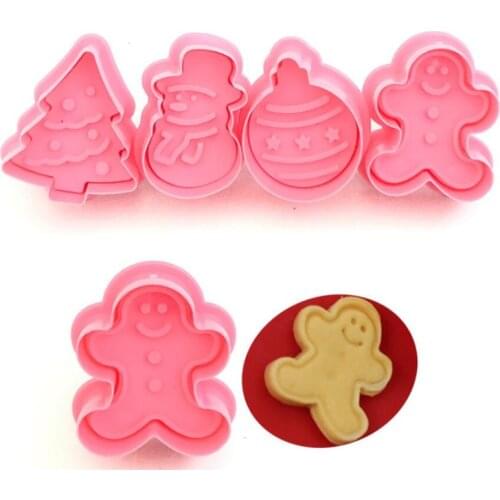 4pcs Stamp Biscuit Mold 3D Cookie Plunger Cutter Pastry Decorating DIY Food Fondant Baking Mould Tool Christmas Tree Snowman