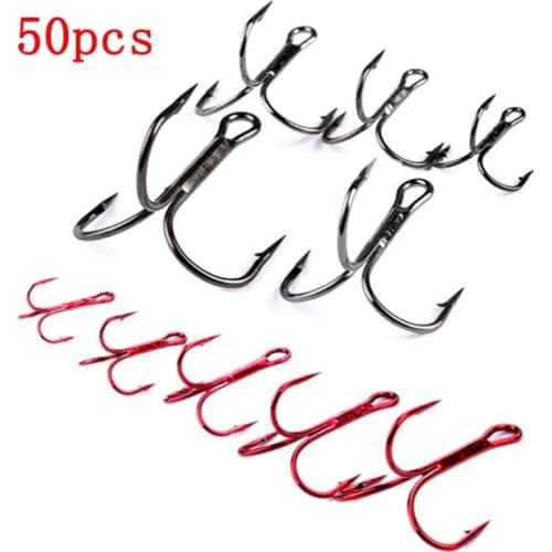 50pc/set 2/4/6/8/10/# Fishing Hooks High Carbon Steel Treble Hooks Fishing Tackle Silver/Red Fish Hook