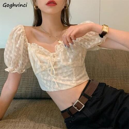 Short Puff Sleeve Fashion Shirts Women Square Collar Elegant Lace Up Slim Crop Thin Blouses Sweet Girls Retro Summer All-match