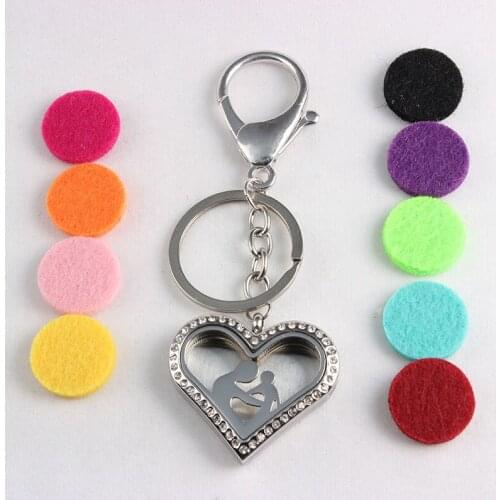 MOM AND SON Stainless Steel Perfume Locket Keychains Aromatherapy Essential Oils Diffuser Locket Keychains With Crystal 5PCS