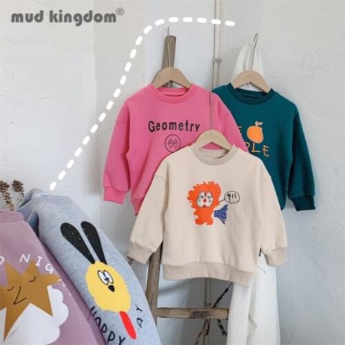Mudkingdom Kids Fleece Sweatshirts Cartoon Letter Long Sleeve Loose Fit Pullover Thermal Tops for Boy Girl Crew Neck Clothing