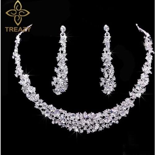 TREAZY Tassel Crystal Bridal Wedding Jewelry Sets for Women Silver Color Choker Necklace Earrings Set Wedding Party Jewelry