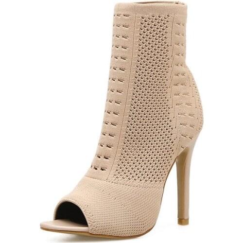 Summer High Heels Womens Fish Mouth Hollow Stiletto Female Short Boots Shoes Stretch Knit Sleeve Net Fashion Socks Boots