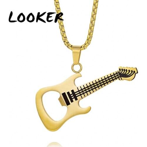 LOOKER Bottle Opener Guitar Necklace For Men Stainless Steel Punk Rock Music Beer Opener Pendant Necklaces Jewelry Wholesale