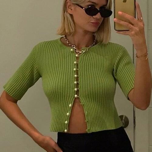 Fashion Sexy Retro Pearl-breasted Knitted Cardigan Jacket Female Small Round Neck High Waist Slim Short-sleeved Female T-shirt