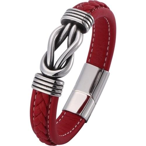 Men Trendy Jewelry Red Leather Bracelets Handmade Stainless Steel Magnet Clasp Male Wristband Casual Bangles Gift PD0775