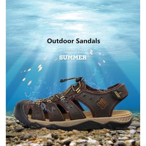 Clorts Men Hiking Sandals Genuine Leather Sport Sneakers Lightweight Outdoor Sandals Breathable Summer Beach Sandals for Men