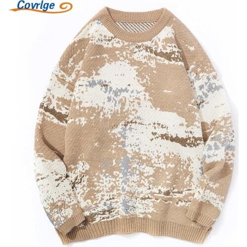 Covrlge Oversize Round Neck Mens Knit Sweater Camouflage Retro Lazy Pullover Korean Version Trend Loose Style Male MZM118