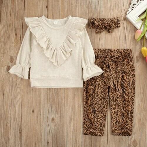 New Kid Baby Girl Clothes Sets Solid Long Sleeve Ruffle Tops Sweatshirt+Leopard Print Pants Headband 3pcs Outfit