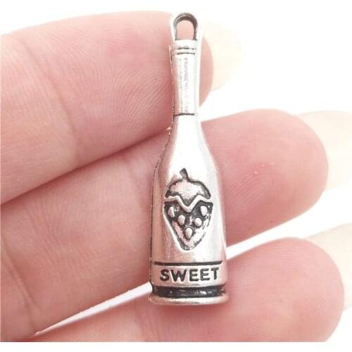 BULK 30 Eco-friendly Alloy Tibetan Silver Plated Wine Bottle Charms Beverage Pendants 31*8mm 2g