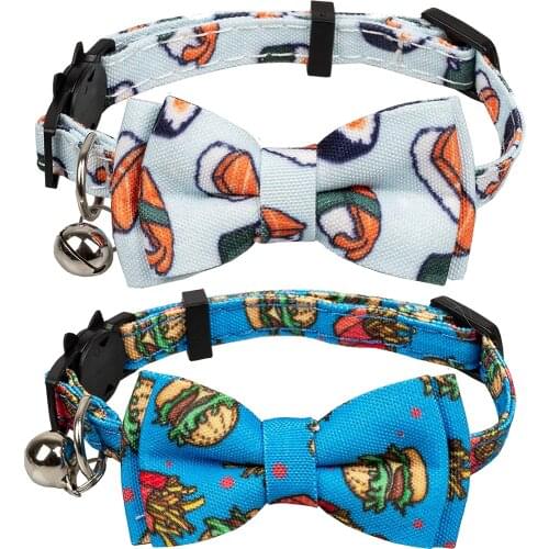 Breakaway Cat Collar Bow with Bell Adjustable Cute Patterns Personalized Bowtie Safety Buckle Kitten Collars for Cat Puppy