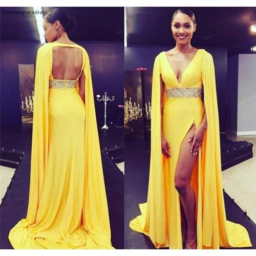 2019 Yellow High Split Deep V Neck Prom Dress Open Back Formal Holiday Wear Party Gown Custom Made Plus Size