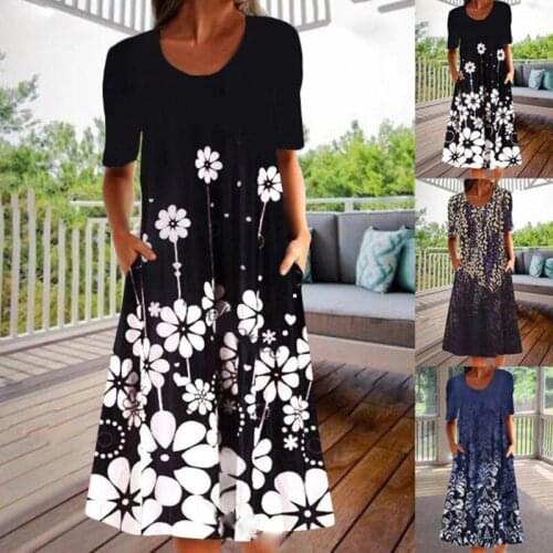 Elegant Women Summer Short Sleeve Geometric Floral Print Casual Dress Black Loose Casual Party Midi Dresses