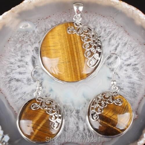 Charm Alloy Carving Tigers Eye Disc Oblate Beads Pendant & Earring 1 Set