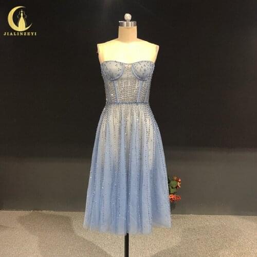 Rhine real Pictures Two Straps Crystal Grey Blue Knee Length robes de bal celebrity dresses Prom Dresses платье 2021 Party Dress