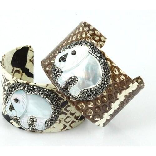 Luxury design grey brown leather shell elephant micro pave blue black white cz zirconia charms adjustable open bangles for women