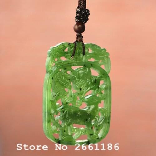 Certificate) Natural Green Hetian Jades Pendant Carved Hollow-out Sika Deer Pendant Necklace Gift for Women Jades Jewelry +Rope