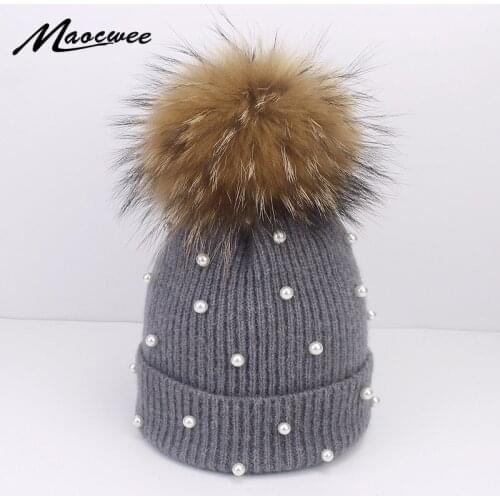Wool Beanies Women Real Natural Fox Fur Pom Poms Fashion Pearl Knitted Hat Girls Female Beanie Cap Pompom Winter Hats for Women
