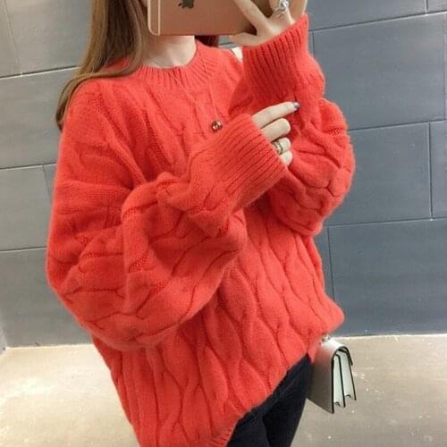 Fashion Autumn Winter Blue O-Neck Twisted Sweater Women Loose Long Sleeve Cashmere Pullovers Female Knitted Jumper Tops Female