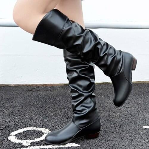 Plus size Warm Round Toe Knee High Boots Winter Woman Shoes Block Square Heel Riding Booties Women Black White Slip-On Bootie