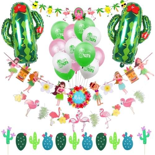 Flamingo Theme Hawaii Summer Party Foil Cactus Balloons Cake Topper Flamingo Banner Cactus Latex Ballon Hanging Decor Supplies