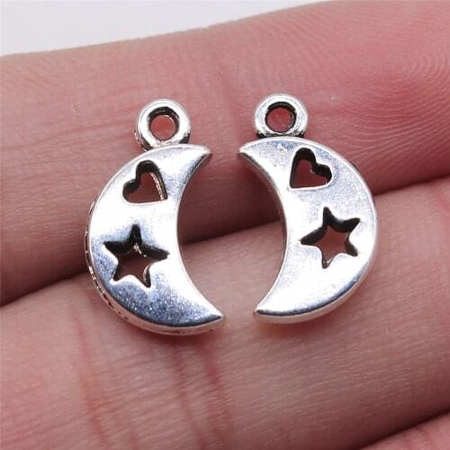 WYSIWYG 10pcs 9x17mm Crescent Moon Stars Love Heart Charms Pendant Diy Jewelry Findings Antique Silver Color