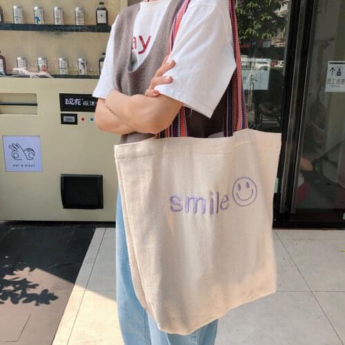 Youda Ladies Smiley Handbags Girl Canvas Tote Bag Shopping Travel Women Eco Reusable Shoulder Shopper Bags High Capacity Bookbag