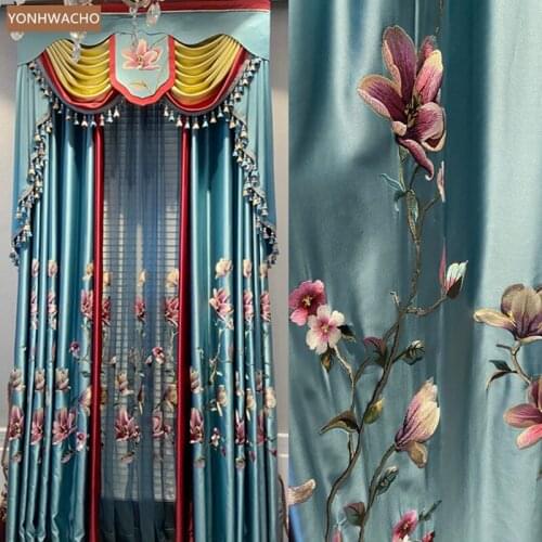 Custom curtain European luxury embroidery high-precision imitation silk blue cloth blackout curtain valance tulle drapery C766