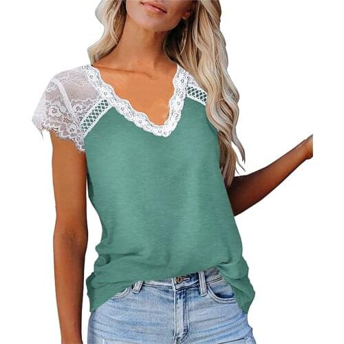 Women Crochet Lace Short Sleeve T Shirt Summer Fashoin Patchwork Hollow Out Tops Casual V-Neck T-Shirts High Street Pullover