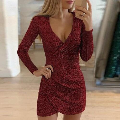 Women Deep V-Neck Sequin Mini Bodycon Dresses 2021 Sexy Silver Glitter Dress for Female Autumn Winter Long Sleeve Party Clothes