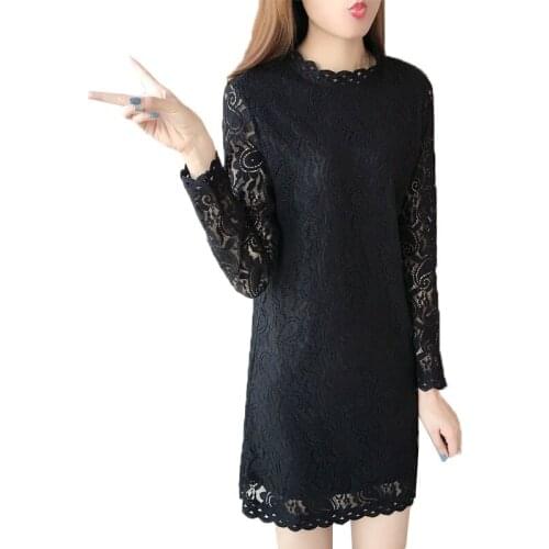 Spring Autumn Womens Lace Sexy Dress New Fashion Loose Long Sleeve Dress Female Plus Size Vestidos White black Dress 4XL T357