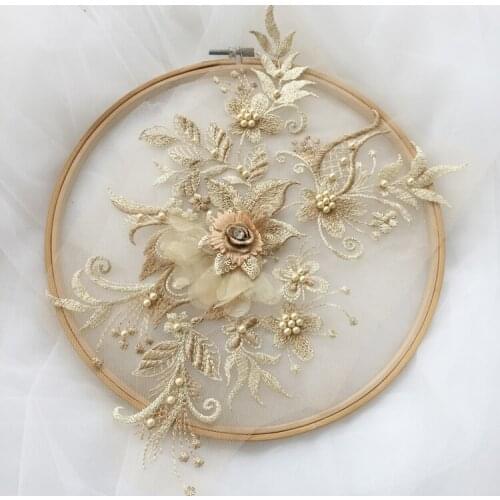 1Piece Beaded Wedding Dress Lace Applique Flower Fabric Sequins Patch Handmade DIY Bridal Headdress Lace Collar Free Shipping