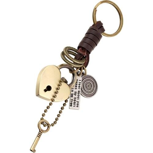 Lovers Key Lock Alloy Keychain Couple Keyring Punk Genuine Leather Car Keyfobs Charm Creative Bag Pendant Jewelry Gift FY020