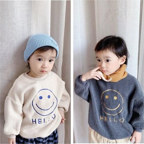 2-7 Y Kids Sweatshirts Autumn Winter New Casual Loose Baby Hoodies Korean Smiley Embroidery Lamb Wool Pullovers For Boys Girls