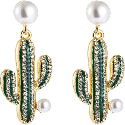 Green Enamel Cactus Design Long Earrings Women Luxury Inlay Rhinestone Faux Pearl Earrings Female Statement ZA Earrings Jewelry