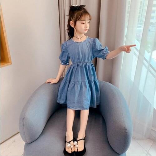 Girls Denim dress 2021 summer short sleeves Childrens dress 6pcs/lot