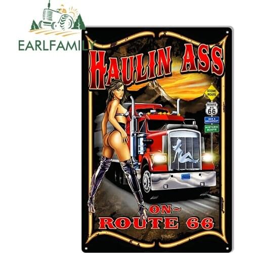 EARLFAMILY 13cm x 8.8cm Haulin Ass on Route 66 Sign Retro Car Sticker Pin Up Girl Decal Auto Motorcycle Stickers Wall Home Decor