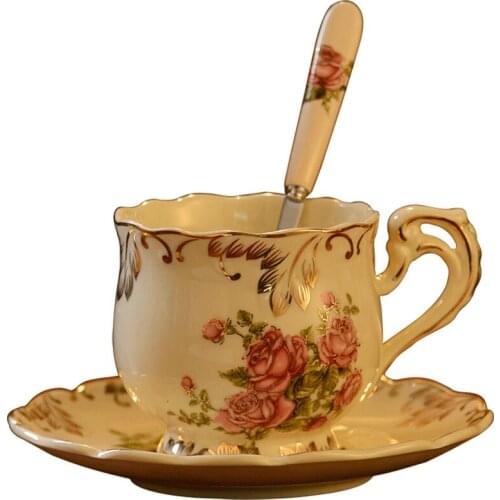 Ceramic Coffee Set Milk Tea Mugs Cups & Saucers Spoon Kitchen Drinkware Utensil Birthday Presents Wedding Gifts Rose Finished