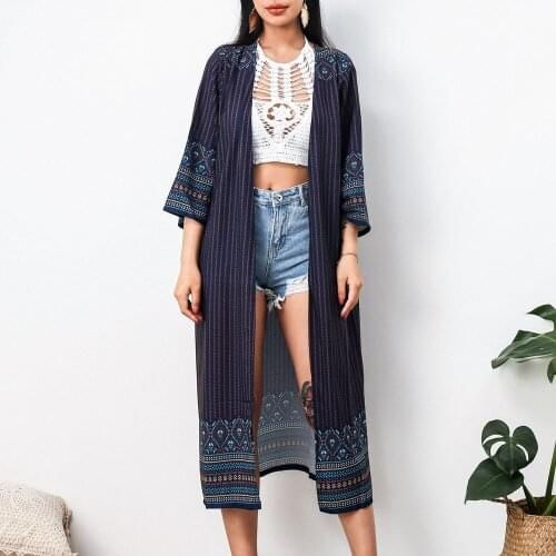 Kimono Personnality Print Loose Cardigan Bikini Cover Ups Summer Fashion Casual Beachwear Holiday Beach Blouse White Navy 2021