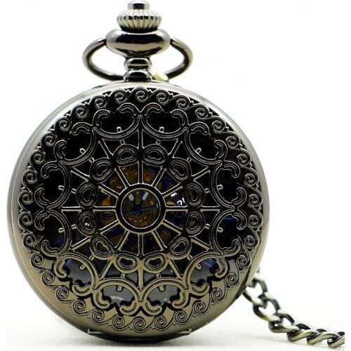 Classic Brand Mechanical Pocket Watch Men Full Steel Case Pocket Fob Watch Analog Black Spider Web Vintage Male Clock