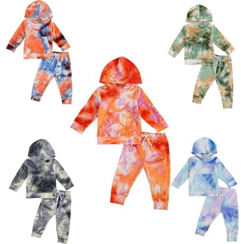 Citgeett Autumn 2Pcs Kids Girls Boys Toddler Tie-dye Print Outfits Long Sleeve Front Pocket Hoodie+Trousers Pants Set