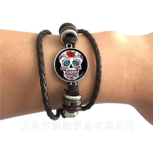 Mexico Candycolor Skeleton Bracelet Glass Dome Bohemia Black/Brown Leather Bangle Jewelry Day of the Dead Gifts
