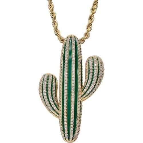 Fashionable Men and Women Personality Hip Hop Cactus Pendant Micro-Inlaid Zircon Green Street Fashion Hip Hop Accessories