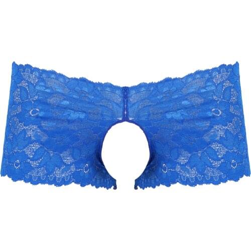 Mens Plus Size Crotchless Boxers Lingerie Underwear Sissy Briefs Hollow Out Floral Lace Panties Solid Color Low Waist Underpants