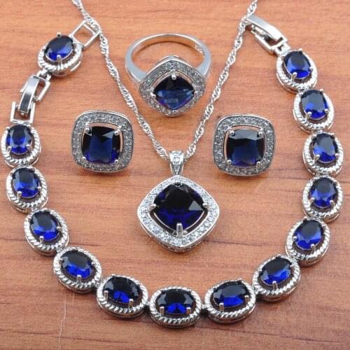 Natural Square Blue Crystal Silver Color Jewelry Sets Wedding Bride Jewelrry For Women Earrings//Bracelet/Ring Set JS0126
