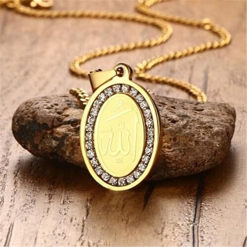 ZORCVENS 2020 New Gold Color Cubic Zirconia Stainless Steel Muslim Islam God Allah Pendant Necklace for Men Woman