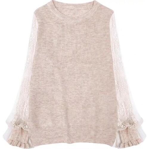 Autumn and winter new sweet beauty mesh lace stitching long-sleeved pullover slim-fit sweater womens hollow knit sweater