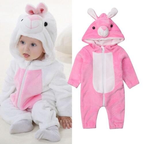 Baby Clothes Cute Newborn Kids Baby Boys Girls Bunny Flannel Hooded Romper Jumpsuit Outfits Size 0-3T