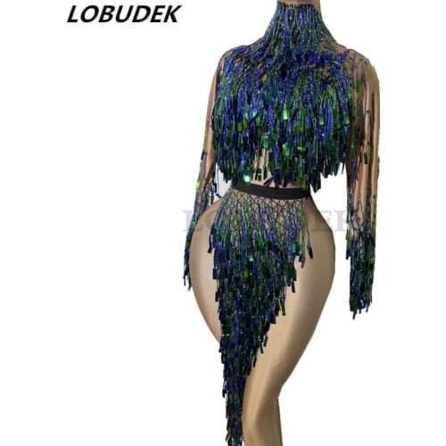 Fringes Sleeve Sequins Tassels Dress Female Singer Dancer Sexy Dance Costume Bar Nightclub DJ Latin Pole Dance Performance Wear