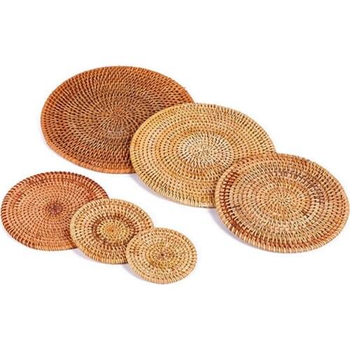 Coasters Placemats Woven Cup Coasters Dining Table Mats Rattan Drink Coaster Heat Insulation Mats Kitchen Accessorie Natural 1PC